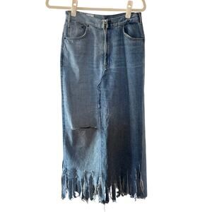 TRF Denim Zara Jean 2 Tone Fringe Skirt - Size S Distressed Baggy Y2K
